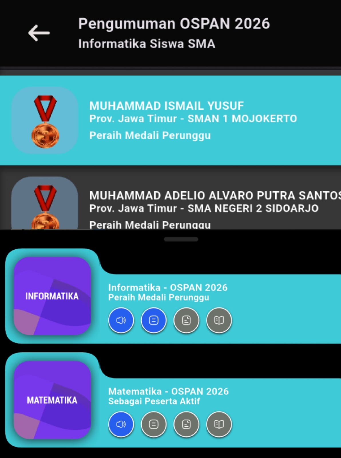 Sertifikat peraih medali perunggu OSPAN bidang Informatika