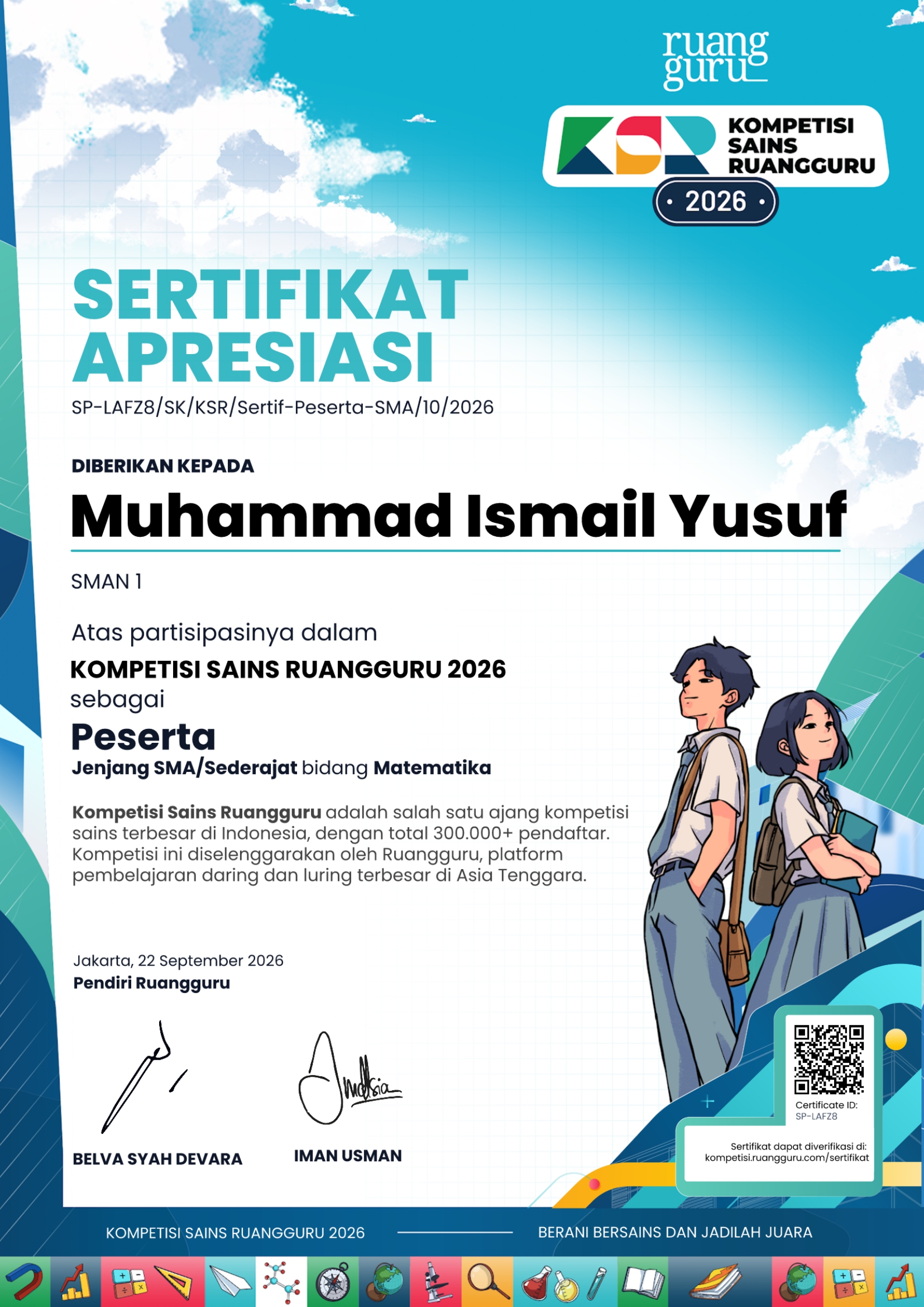 Sertifikat peserta Kompetisi Sains Ruangguru 2026 bidang Matematika