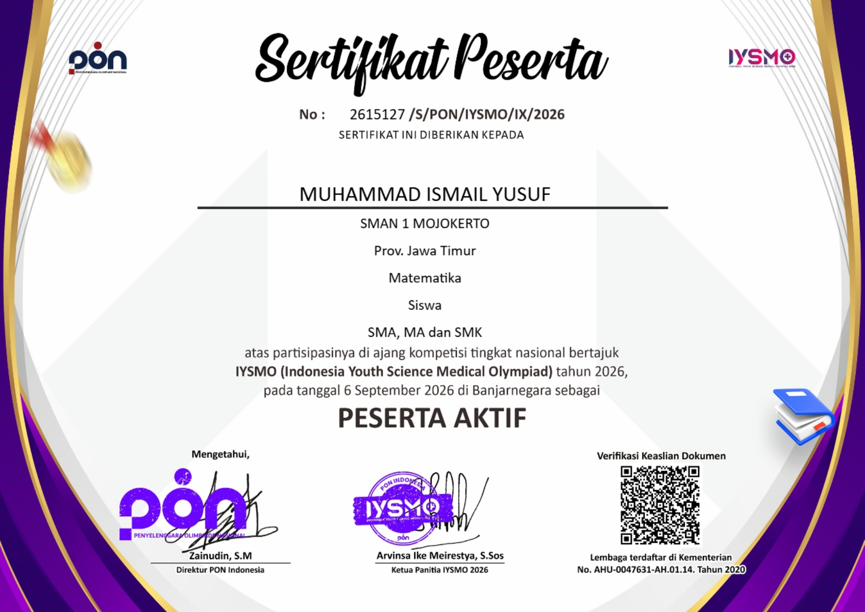 Sertifikat peserta IYSMO 2026 bidang Matematika